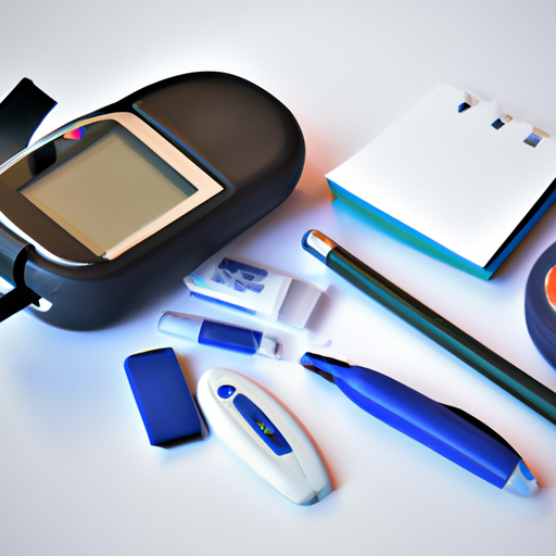 צילום של כלים שונים לניהול סוכרת כגון משאבות אינסולין, מוני סוכר ותוכניות תזונה.