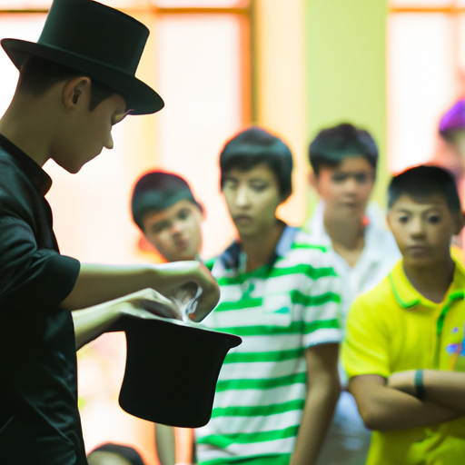 1. קוסם מבצע קסם מול קבוצת תלמידים נרגשים.