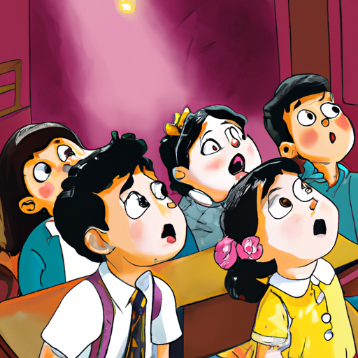 3. ילדים צופים במופע קסמים בבית הספר, פניהם מלאות סקרנות.