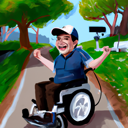אדם חייכן מנווט בפארק עם כסא גלגלים חשמלי, המסמל עצמאות והעצמה.