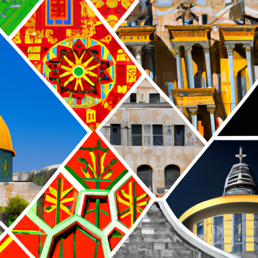 A vibrant collage depicting the diverse cultural influences in the architecture of Jerusalem.