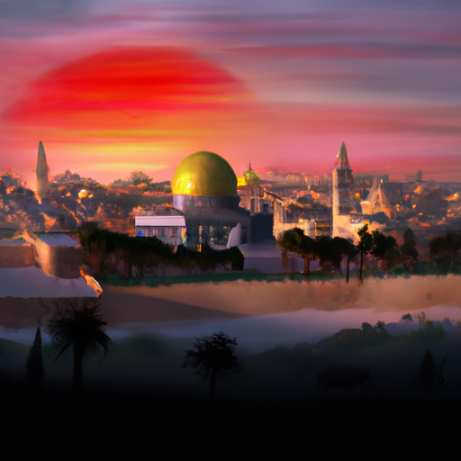 A picturesque view of the sunrise over the ancient city of Jerusalem, with the Dome of the Rock in the foreground.
