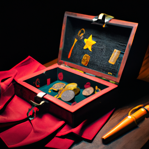 צילום תקריב של ערכת כלים של קוסם: קלפים, מטבעות, שרביט קסמים ותיבה נעולה מסתורית.